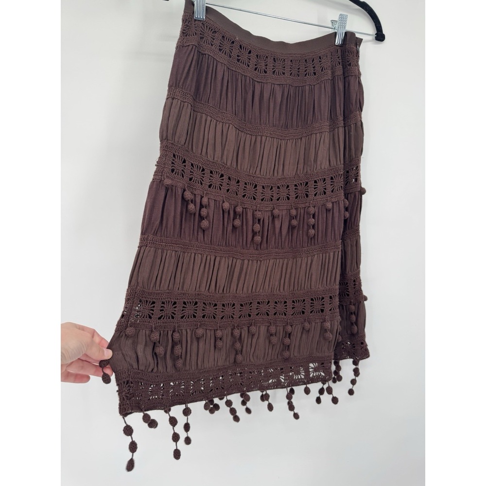 Trina Turk Los Angeles Brown Y2K silk Skirt‎ Pom Pom trim festival artsy boho - Picture 2 of 10